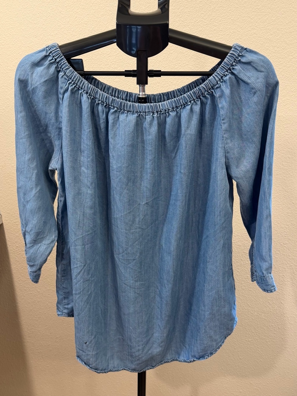 beachlunchlounge Off-Shoulder Chambray Blouse | Coastal Grandma Boho Cowgirl L - Picture 5 of 11